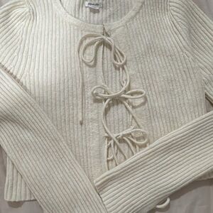 Cream Lace-Up Ribbed Sweater